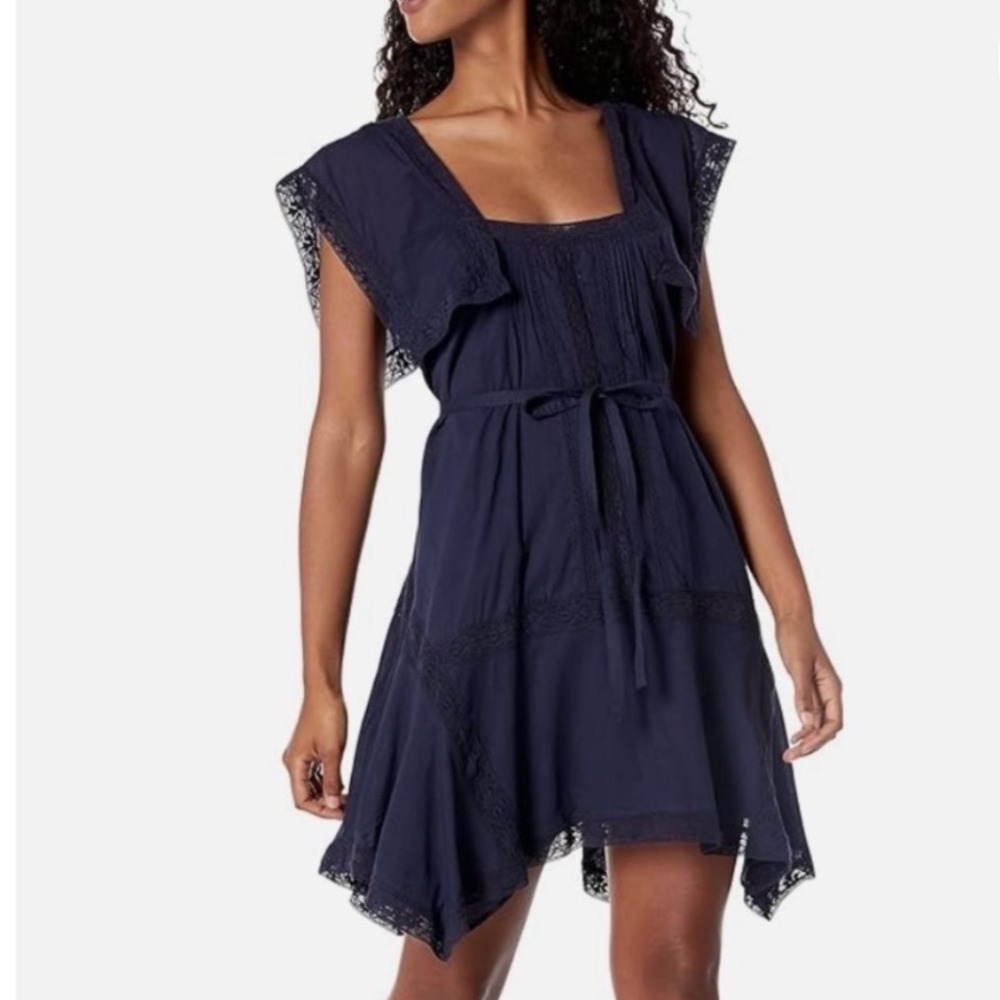 Rebecca Taylor Lace Insert 100% Cottonโ Navy Blue Swing Mini Dress size XL
